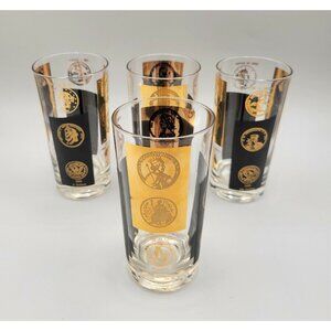 Mid Century Modern 22kt Gold Old World Coins Highball Glasses Set of 4